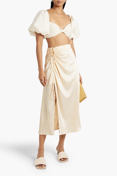 Lia ruched washed-silk midi skirt