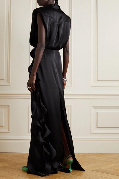 Ruffled satin wrap gown