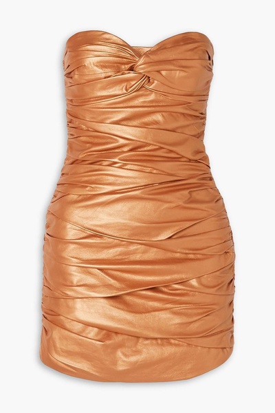 Strapless ruched metallic leather mini dress