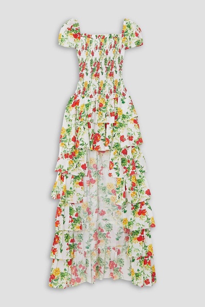 Malta shirred tiered floral-print cotton-voile gown