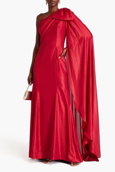 One-shoulder bow-detailed lamé gown