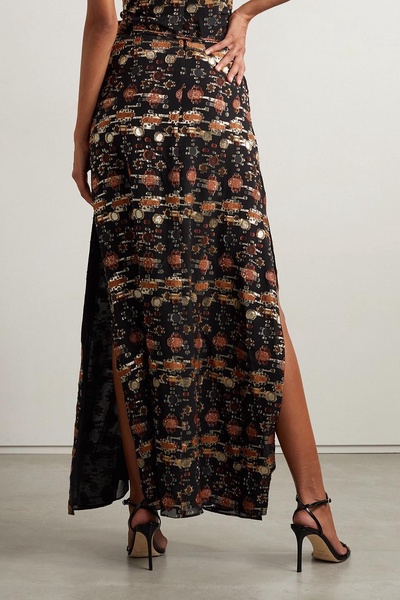 Safia Ruched Metallic Thread Cut Silk-Blend Crepe Maxi Skirt