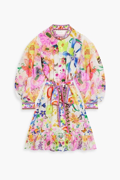 Crystal-embellished printed silk crepe de chine mini shirt dress