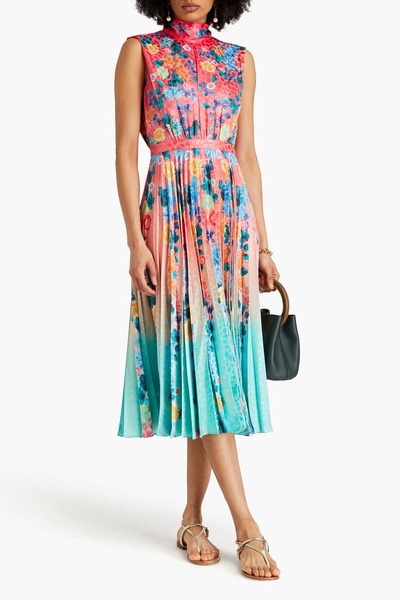 Fleur pleated printed satin-jacquard midi dress