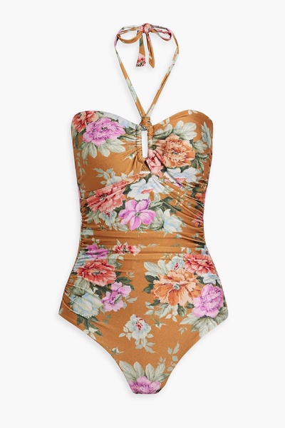 Ruched floral-print halterneck swimsuit