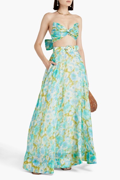 Belted floral-print linen and silk-blend maxi skirt