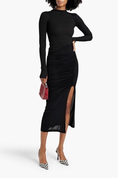 Cutout ruched jersey turtleneck midi dress