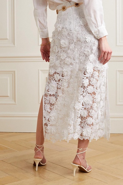 Raie belted guipure lace midi skirt