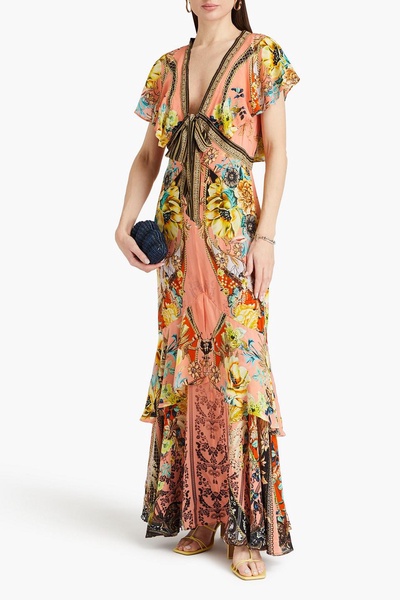 Crystal-embellished tiered floral-print silk crepe de chine maxi dress