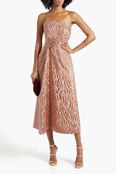 Raina strapless metallic zebra-print satin-jacquard midi dress