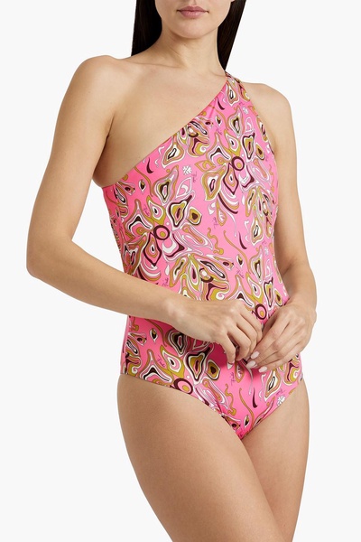 One-shoulder open-back printed swimsuit