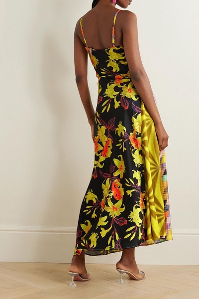 Asymmetric printed duchesse-satin maxi dress