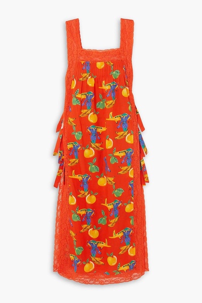 Fiocchini tie-detailed lace-trimmed printed cotton-voile maxi dress