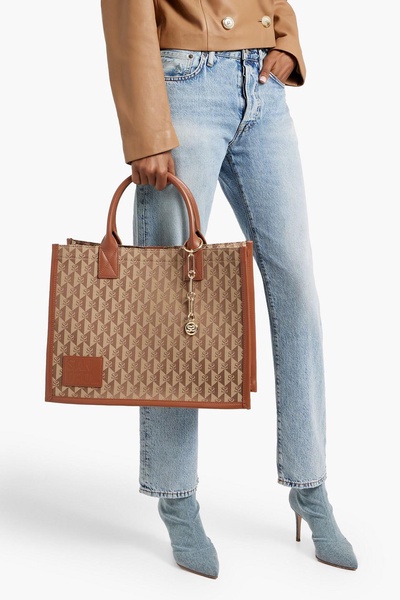 Leather-trimmed jacquard tote