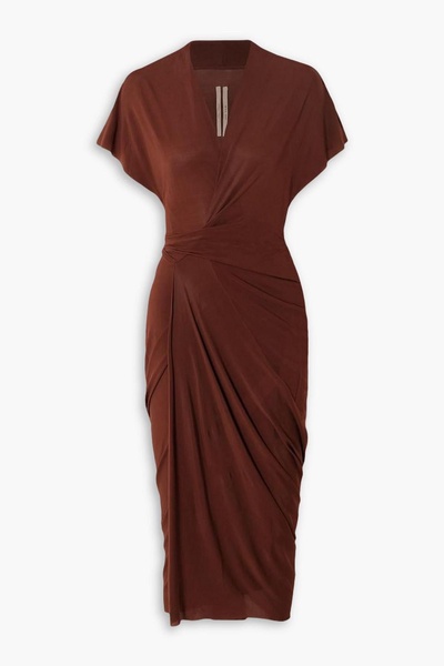 Asymmetric gathered wrap-effect jersey midi dress