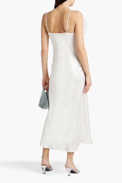 Boheme feather-trimmed satin midi slip dress