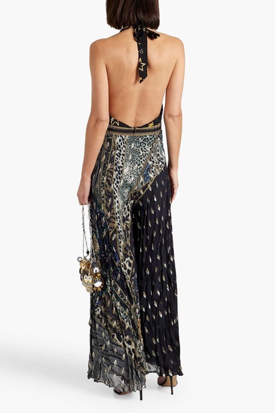 Embellished printed fil coupé silk-crepe halterneck jumpsuit