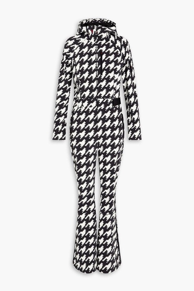 Belted houndstooth hooded ski suit