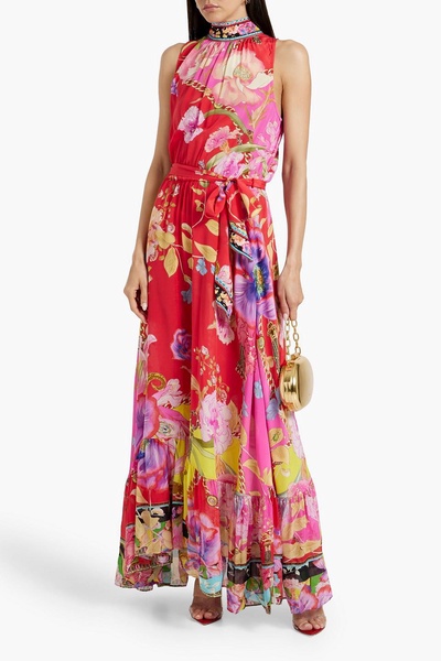 Crystal-embellished belted silk-crepe maxi dress