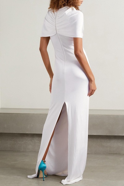 Cape-effect cutout ruched stretch-jersey gown