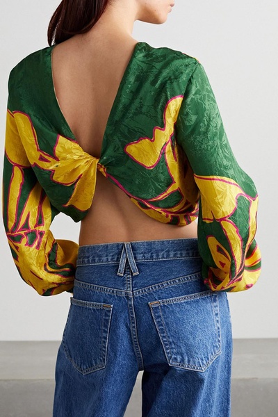 East Africa cropped twist-front printed satin-jacquard top