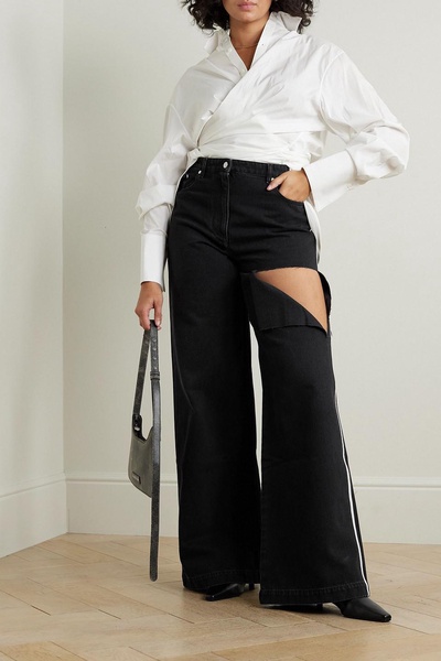 Striped distressed mid-rise wide-leg jeans