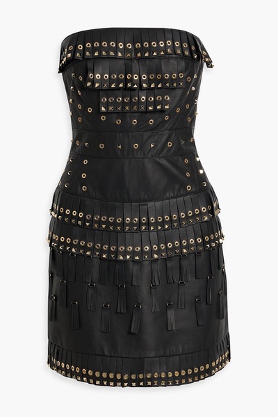 Strapless embellished fringed leather mini dress