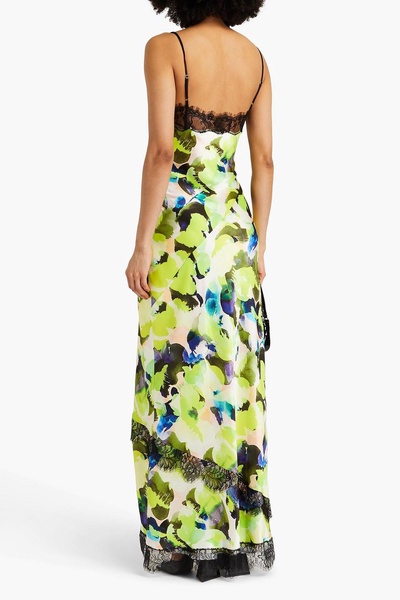 Sage lace-trimmed printed satin maxi dress