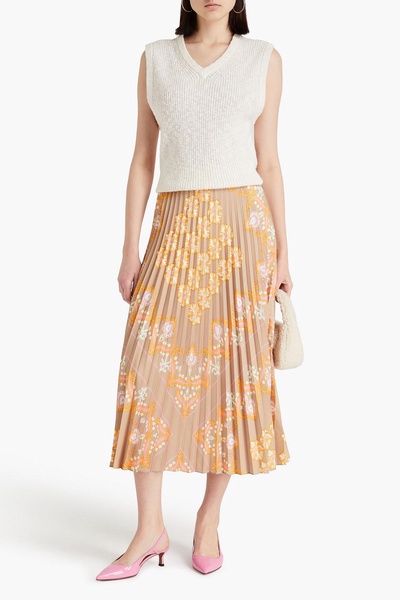 Pleated printed satin midi skirt