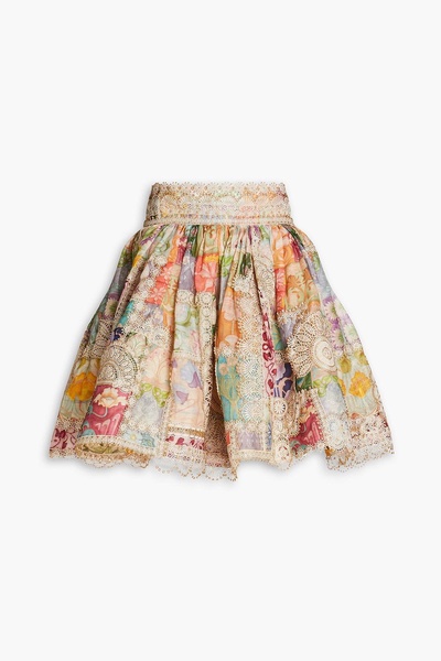 Gathered printed linen and silk-blend gauze mini skirt