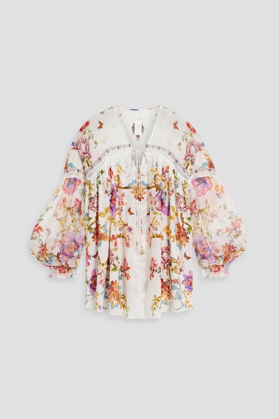 Crystal-embellished printed silk-chiffon blouse