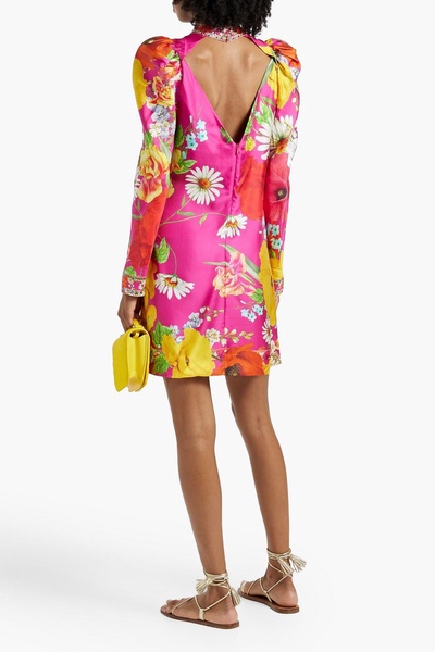 Cutout crystal-embellished floral-print silk-twill mini dress