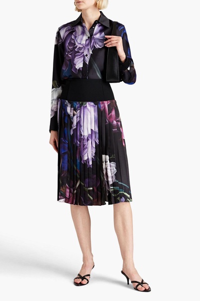 Crepe-paneled pleated printed silk-twill skirt