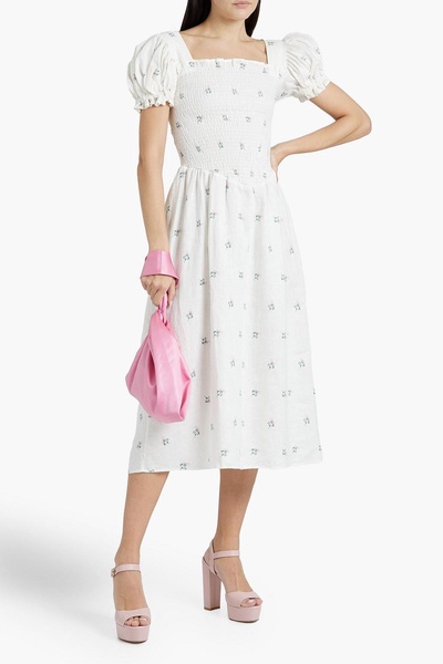 Belle shirred floral-print linen midi dress