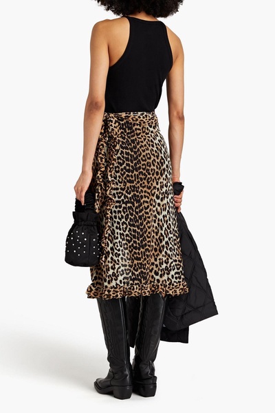 Ruffled leopard-print stretch-mesh midi wrap skirt