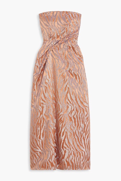 Raina strapless metallic zebra-print satin-jacquard midi dress