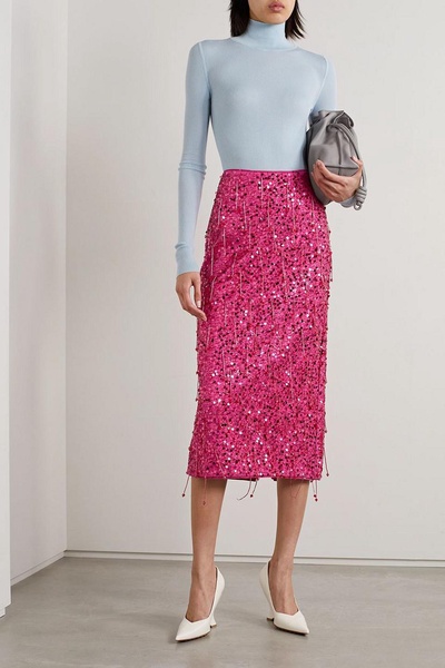 Gisele fringed embellished stretch-jersey midi skirt