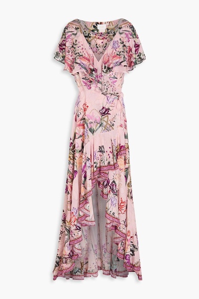 Ruffled bead-embellished floral-print silk crepe de chine maxi wrap dress