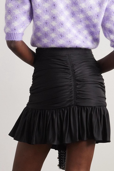 Ruched glossed-jersey mini skirt