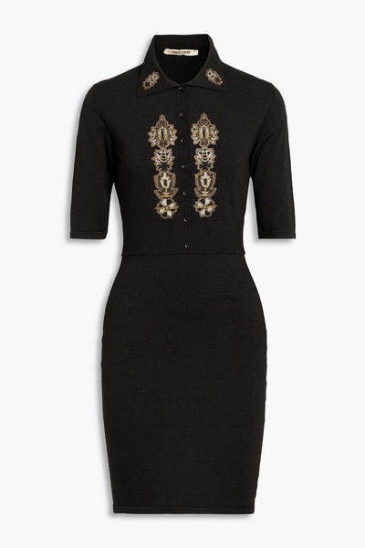 Embellished metallic ribbed-knit mini dress