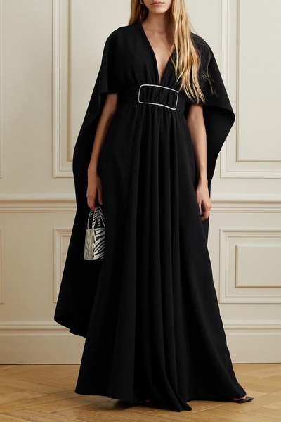 Cape-effect crystal-embellished crepe gown