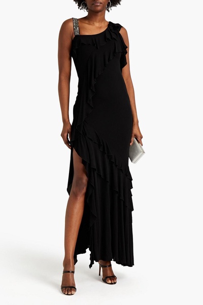 Crystal-embellished ruffled crepe gown