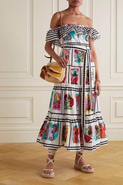 Cannes off-the-shoulder tiered printed cotton-blend midi dress