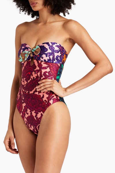 Cutout paisley-print bandeau swimsuit