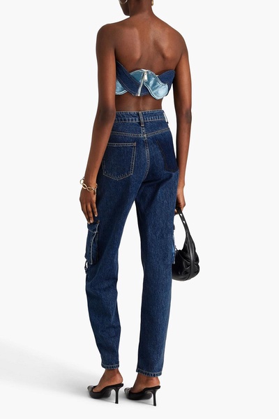 Strapless cropped metallic denim top