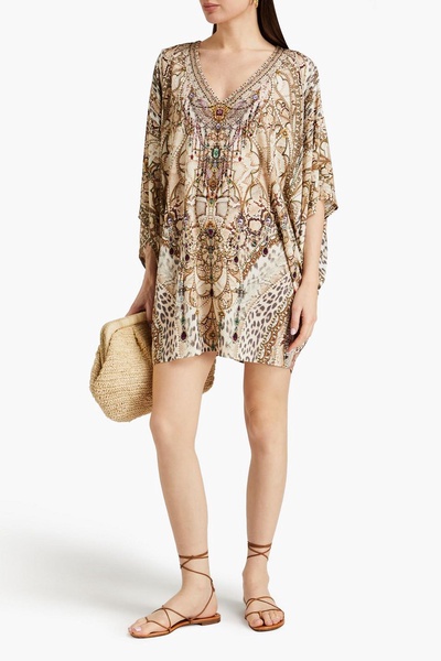 Crystal-embellished printed jersey mini dress