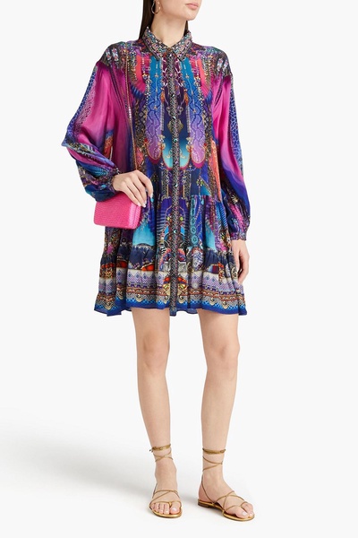 Crystal-embellished printed silk crepe de chine mini shirt dress