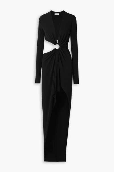 Asymmetric embellished cutout stretch-crepe gown