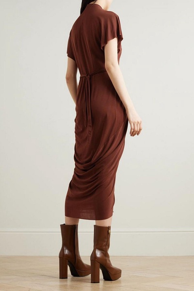 Asymmetric gathered wrap-effect jersey midi dress