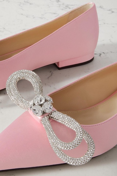 Double Bow crystal-embellished satin point-toe flats